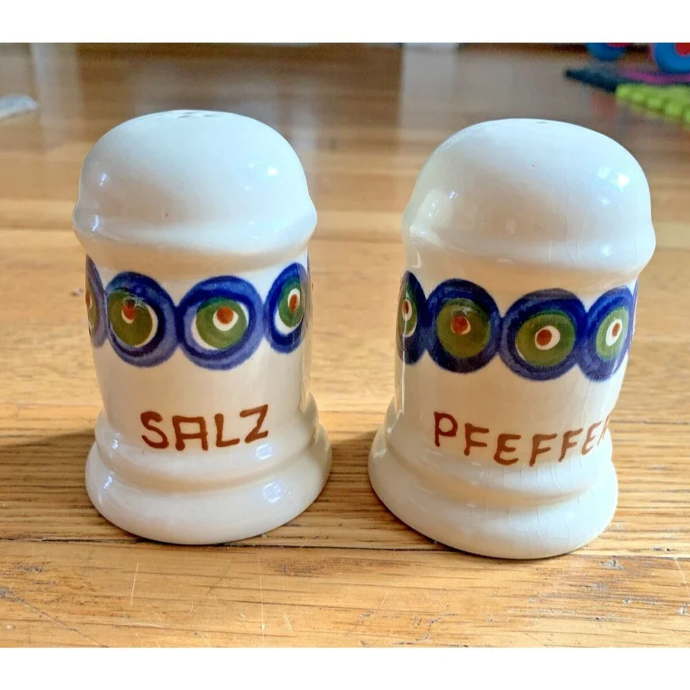 Vintage German Salt & Pepper Shakers, Hand Painted Ceramic Salz Pfeffer